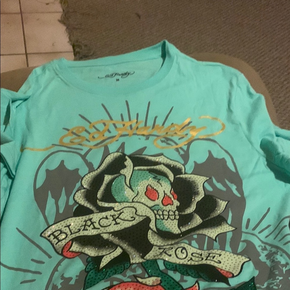 Ed Hardy Blue and Black Short Sleeve Graphic Tee